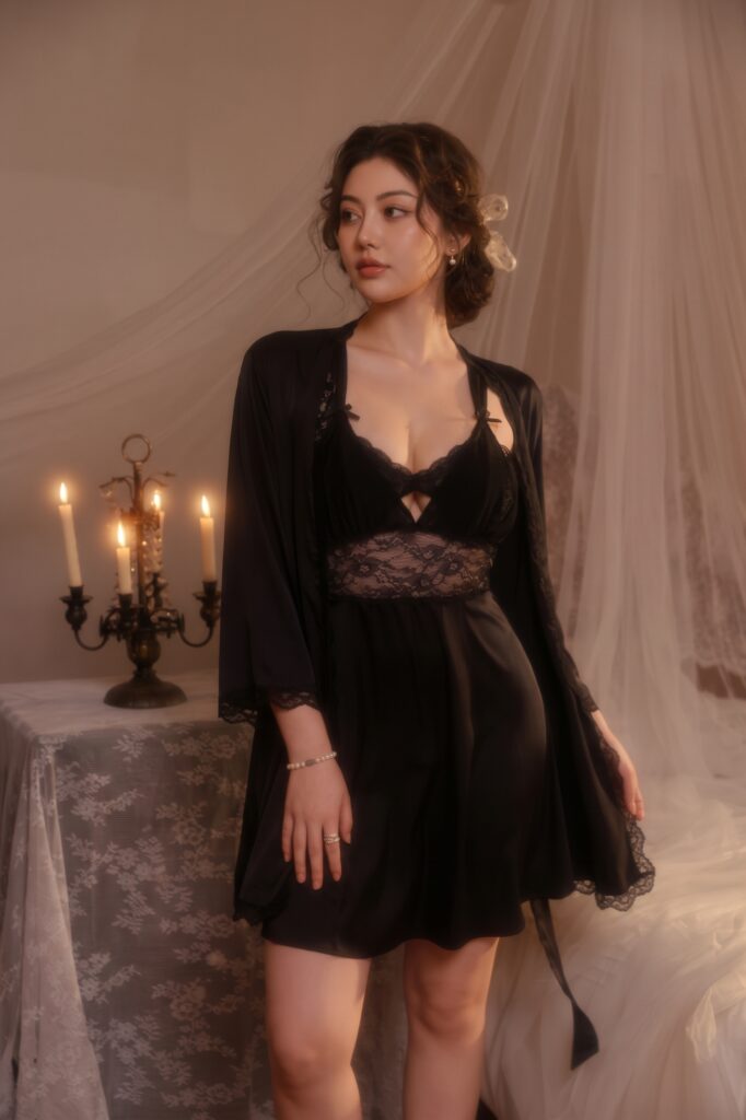 Elegant Black Lace-Trim Chemise